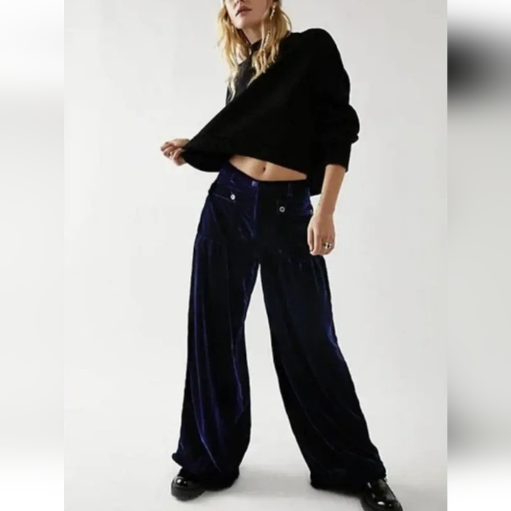 Free People Womens Size 24 Lotus Dropped Patch Cinched Tie Ankle Blue Velvet New - Picture 1 of 7
